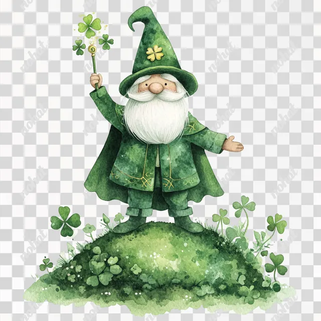 PNG St. Patrick's Day gnome wizard on a hill with clovers and scepter
