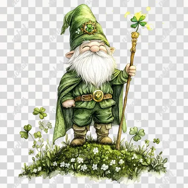 A watercolor illustration of a wizard gnome in St. Patrick theme standing proudly on a small hill in vibrant clovers, wearing a bright green cape with a golden shamrock emblem embroidered and completely covering the gnome's eyes. The gnome has a white beard and mustache. All elements are tightly grouped. The gnome is holding a glowing emerald stone scepter, raising it high as if casting a blessing, isolated white background.
