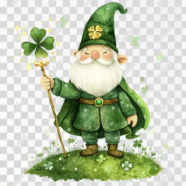 A watercolor illustration of a wizard gnome in St. Patrick theme standing proudly on a small hill in vibrant clovers, wearing a bright green cape with a golden shamrock emblem embroidered and completely covering the gnome's eyes. The gnome has a white beard and mustache. All elements are tightly grouped. The gnome is holding a glowing emerald stone scepter, raising it high as if casting a blessing, isolated white background.