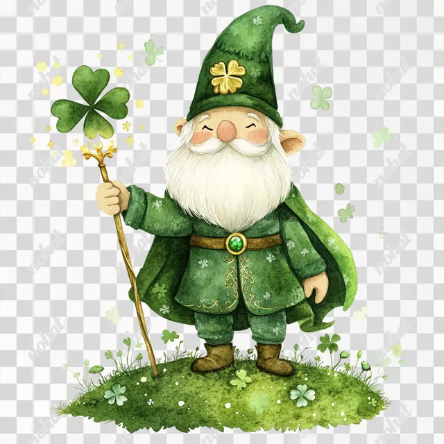 PNG St. Patrick's Day gnome wizard on hill with clovers and emerald scepter