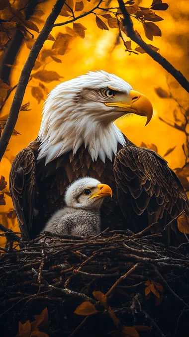 Two eagles caring for a baby eagle in a nest. The background is filled with branches and a yellow background. 35mm lens, f/1.8, accent lighting, global illumination.