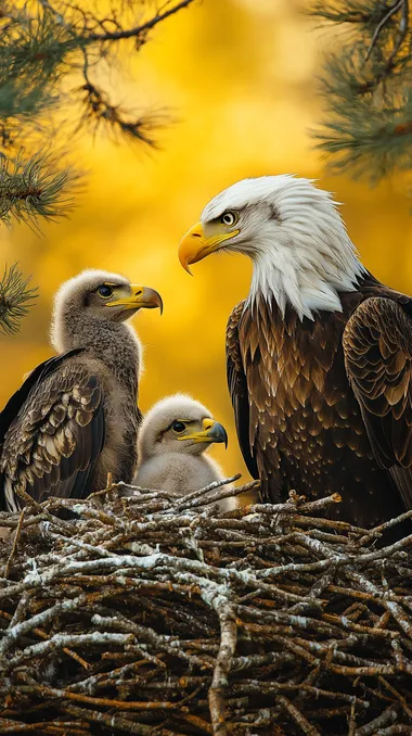 Two eagles caring for a baby eagle in a nest. The background is filled with branches and a yellow background. 35mm lens, f/1.8, accent lighting, global illumination.
