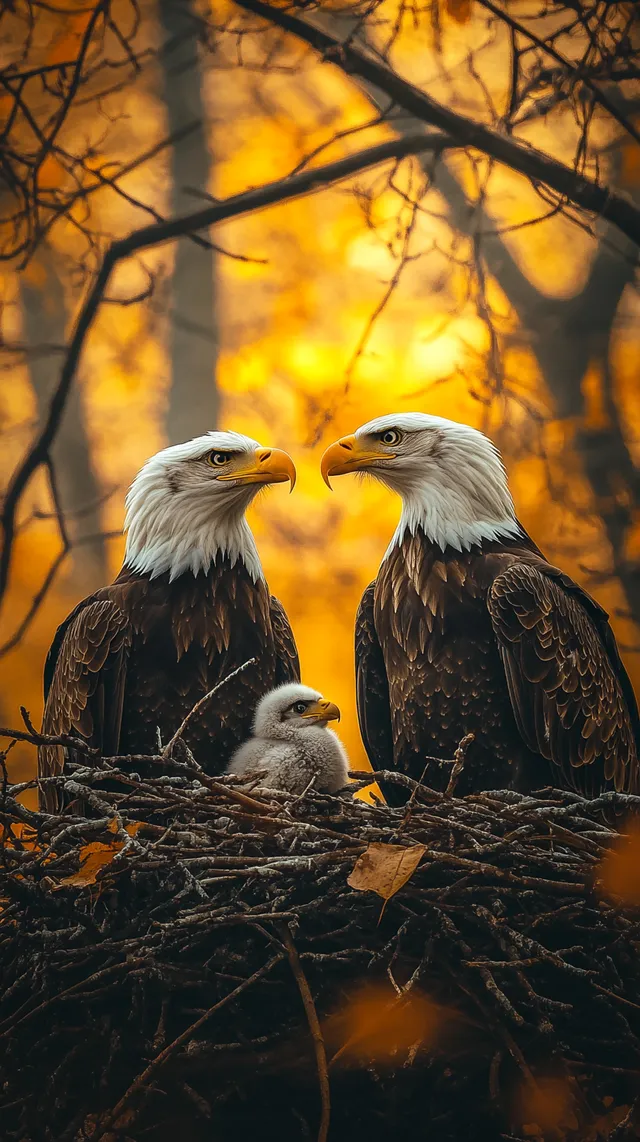 Parent Eagles Nurturing Their Chick in a Nest Amongst Branches