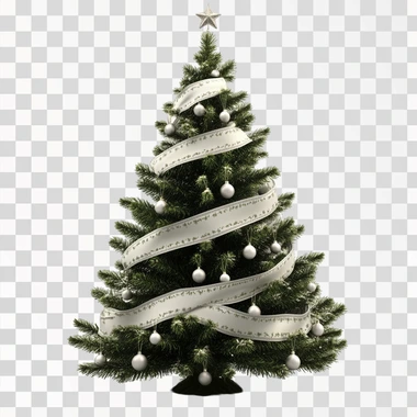 png, 3d. a christmas tree with cute and beautiful white ribbons tied