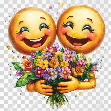 Generate a picture of one smiley face emoji with hands and no feet giving another smiley face emoji with hands and no feet, a bouquet of flowers. Only emoji faces. No feet. The emojis should be smiling. The flowers should be vibrant colors. The background should be white. The emojis should be yellow.