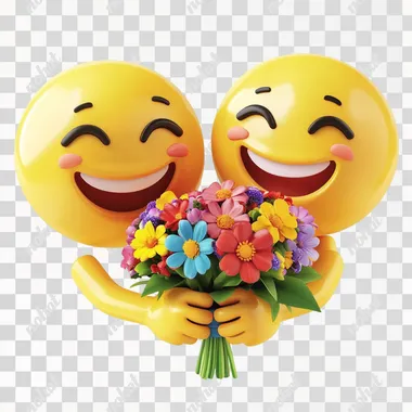 Generate a picture of one smiley face emoji with hands and no feet giving another smiley face emoji with hands and no feet, a bouquet of flowers. Only emoji faces. No feet. The emojis should be smiling. The flowers should be vibrant colors. The background should be white. The emojis should be yellow.
