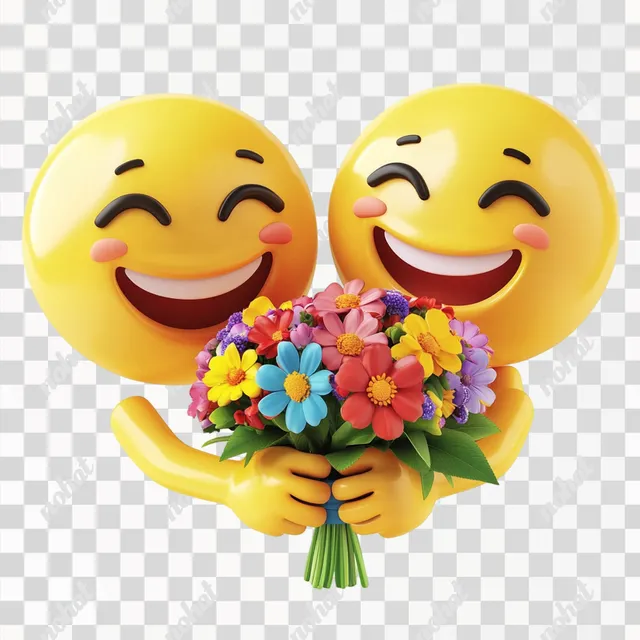 PNG Smiley Faces Exchanging Vibrant Flower Bouquet in White Background