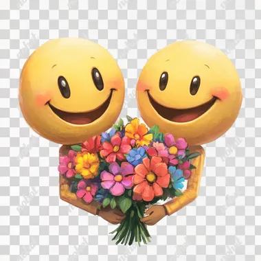 Generate a picture of one smiley face emoji with hands and no feet giving another smiley face emoji with hands and no feet, a bouquet of flowers. Only emoji faces. No feet. The emojis should be smiling. The flowers should be vibrant colors. The background should be white. The emojis should be yellow.
