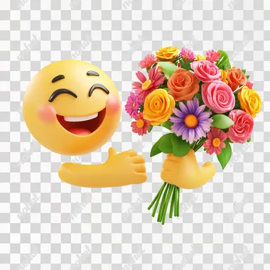 Generate a picture of one smiley face emoji with hands and no feet giving another smiley face emoji with hands and no feet, a bouquet of flowers. Only emoji faces. No feet. The emojis should be smiling. The flowers should be vibrant colors. The background should be white. The emojis should be yellow.