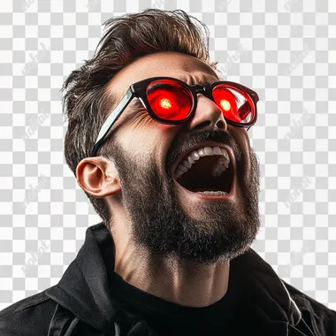 excited rich looking man with red light in eyes, isolated on white background, profile picture