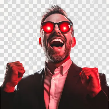 excited rich looking man with red light in eyes, isolated on white background, profile picture
