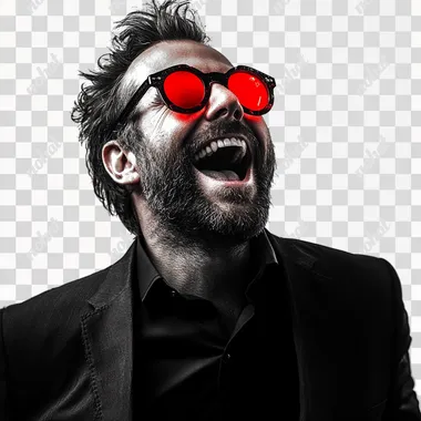 excited rich looking man with red light in eyes, isolated on white background, profile picture