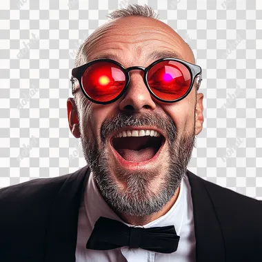excited rich looking man with red light in eyes, isolated on white background, profile picture