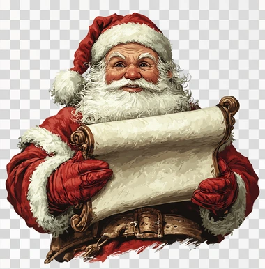 Santa Claus holding an old scroll, white background, in the style of a clipart illustration, in the style of Disney.
