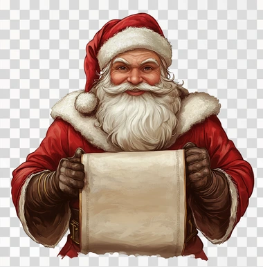 Santa Claus holding an old scroll, white background, in the style of a clipart illustration, in the style of Disney.