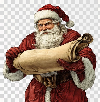 Santa Claus holding an old scroll, white background, in the style of a clipart illustration, in the style of Disney.