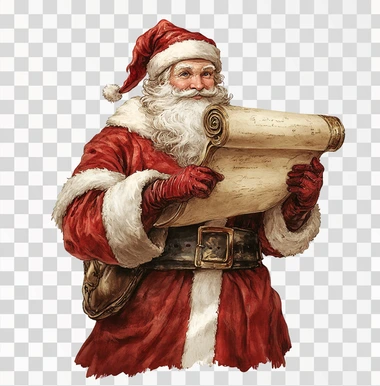 Santa Claus holding an old scroll, white background, in the style of a clipart illustration, in the style of Disney.