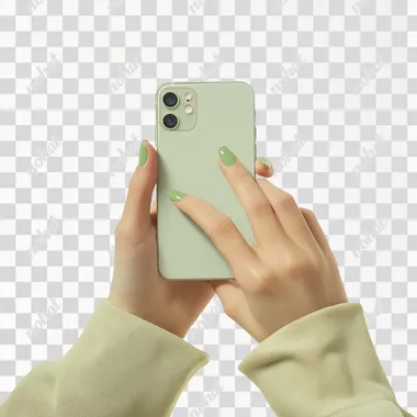a hand holding and iphone 15, female hands, neutral skin tone, straight-on shot, blank screen, white background, no shadows, green nails, young hand, realistic, show blank screen