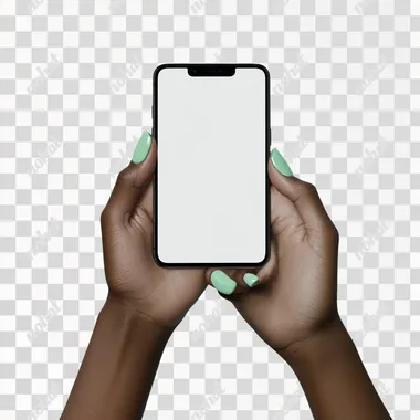 a hand holding and iphone 15, female hands, neutral skin tone, straight-on shot, blank screen, white background, no shadows, green nails, young hand, realistic, show blank screen