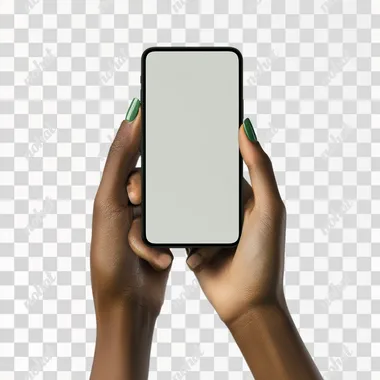 a hand holding and iphone 15, female hands, neutral skin tone, straight-on shot, blank screen, white background, no shadows, green nails, young hand, realistic, show blank screen