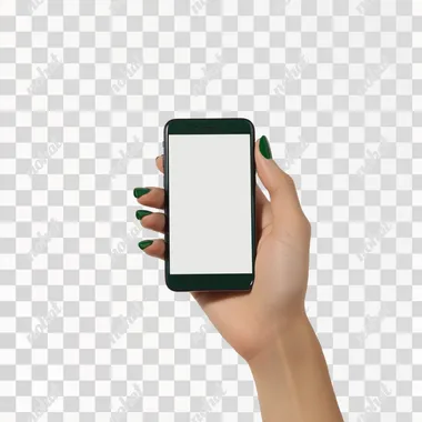 a hand holding and iphone 15, female hands, neutral skin tone, straight-on shot, blank screen, white background, no shadows, green nails, young hand, realistic, show blank screen