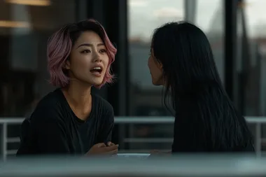 high resolution photo, two sisters, asian, one with pink wavy bob, one with long black hair, seated in an office, talking, tension palpable
