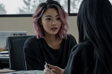 high resolution photo, two sisters, asian, one with pink wavy bob, one with long black hair, seated in an office, talking, tension palpable