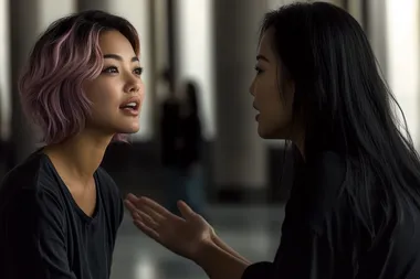 high resolution photo, two sisters, asian, one with pink wavy bob, one with long black hair, seated in an office, talking, tension palpable
