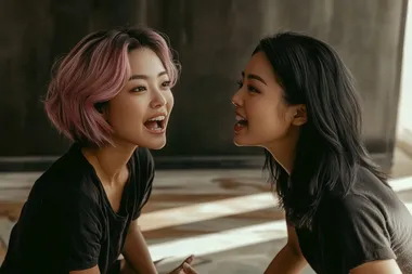 high resolution photo, two sisters, asian, one with pink wavy bob, one with long black hair, seated in an office, talking, tension palpable