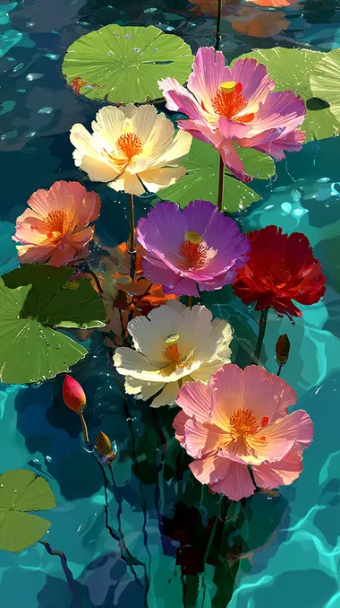 A colorful illustration of lotus flowers and leaves floating on the water, creating ripples on its surface. The petals have various colors such as pink, purple, green, and white. There is also some sunlight shining through them. On top of it were many large lily pads with their vibrant shades of light blue to dark emerald green. This scene was captured in high definition, showcasing the intricate details of each petal and leaf.    --raw