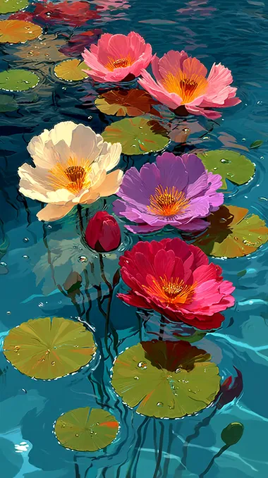A colorful illustration of lotus flowers and leaves floating on the water, creating ripples on its surface. The petals have various colors such as pink, purple, green, and white. There is also some sunlight shining through them. On top of it were many large lily pads with their vibrant shades of light blue to dark emerald green. This scene was captured in high definition, showcasing the intricate details of each petal and leaf.    --raw