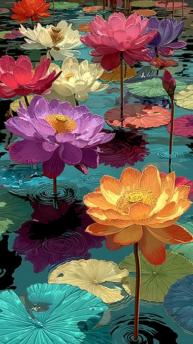 A colorful illustration of lotus flowers and leaves floating on the water, creating ripples on its surface. The petals have various colors such as pink, purple, green, and white. There is also some sunlight shining through them. On top of it were many large lily pads with their vibrant shades of light blue to dark emerald green. This scene was captured in high definition, showcasing the intricate details of each petal and leaf.    --raw