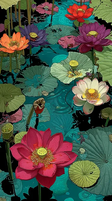 A colorful illustration of lotus flowers and leaves floating on the water, creating ripples on its surface. The petals have various colors such as pink, purple, green, and white. There is also some sunlight shining through them. On top of it were many large lily pads with their vibrant shades of light blue to dark emerald green. This scene was captured in high definition, showcasing the intricate details of each petal and leaf.    --raw