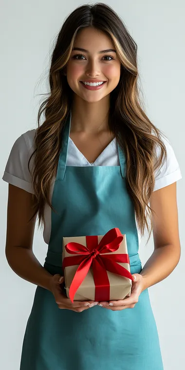 An American woman wearing a light blue apron and white short sleeves faces the camera holding a gift box tied with a red bow, laughing happily. Full body photo, white background, high-definition, realistic, and bright atmosphere  --s 750
