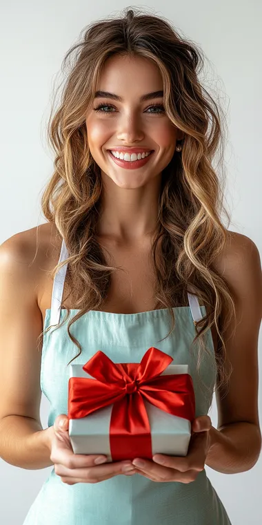 An American woman wearing a light blue apron and white short sleeves faces the camera holding a gift box tied with a red bow, laughing happily. Full body photo, white background, high-definition, realistic, and bright atmosphere  --s 750
