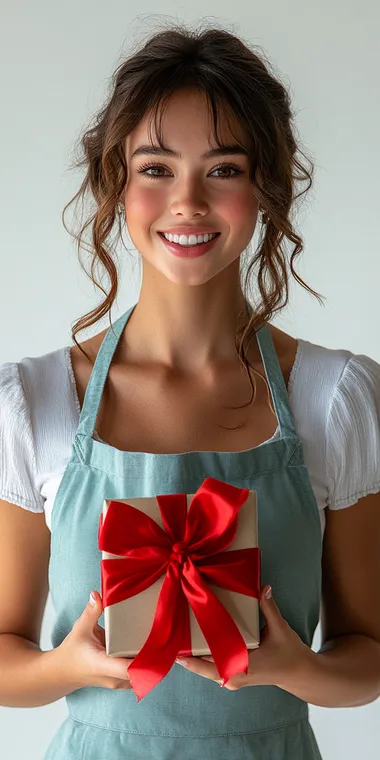 An American woman wearing a light blue apron and white short sleeves faces the camera holding a gift box tied with a red bow, laughing happily. Full body photo, white background, high-definition, realistic, and bright atmosphere  --s 750
