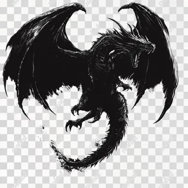 silhouette of a black dragon flying through the air on flat white background  g75s2ur