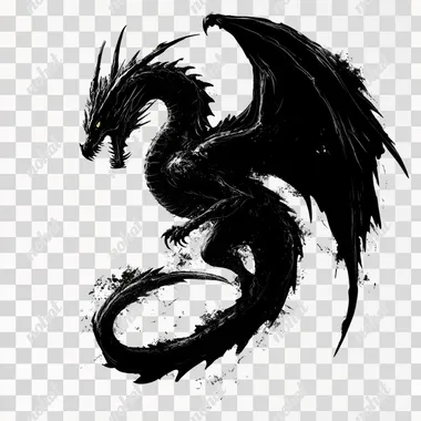 silhouette of a black dragon flying through the air on flat white background  g75s2ur