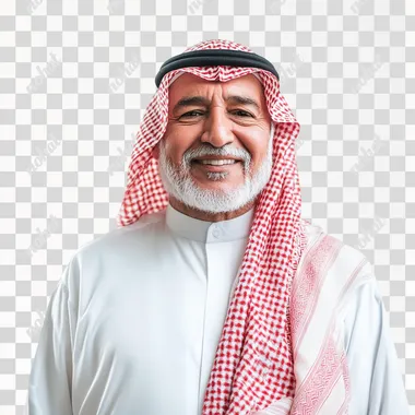 an elder Saudi man with a white thobe and modern photowith pride. Cinematic macro red shemagh smiling gently, standing against white background