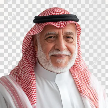 an elder Saudi man with a white thobe and modern photowith pride. Cinematic macro red shemagh smiling gently, standing against white background