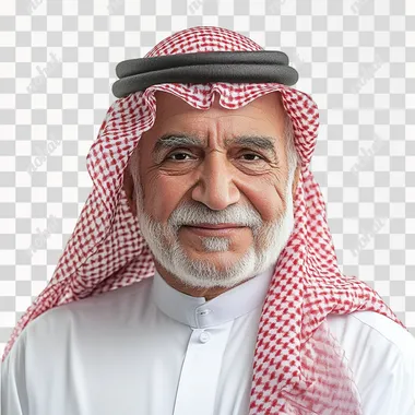 an elder Saudi man with a white thobe and modern photowith pride. Cinematic macro red shemagh smiling gently, standing against white background