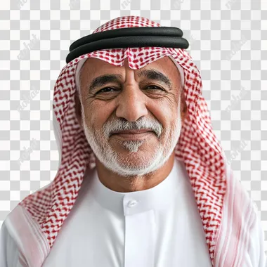 an elder Saudi man with a white thobe and modern photowith pride. Cinematic macro red shemagh smiling gently, standing against white background