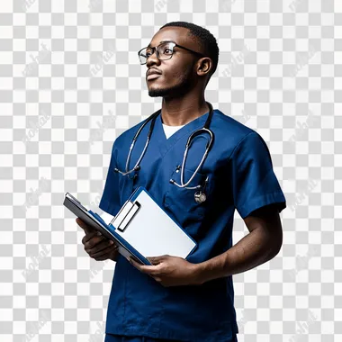 A young, authoritative doctor of African descent with a good build, shaved face, tall, wearing royal blue emergency room clothes and a stethoscope around his neck, looking optimistically at the horizon with glasses, a pen, and a folder in his hand. Hyper realistic. White background