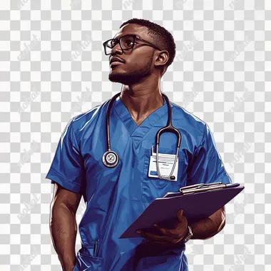 A young, authoritative doctor of African descent with a good build, shaved face, tall, wearing royal blue emergency room clothes and a stethoscope around his neck, looking optimistically at the horizon with glasses, a pen, and a folder in his hand. Hyper realistic. White background