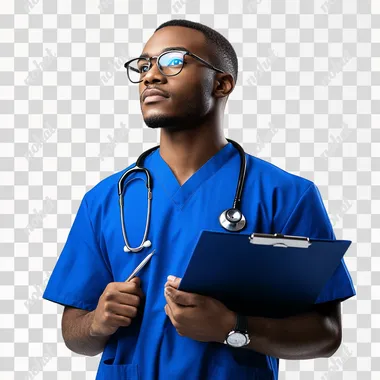 A young, authoritative doctor of African descent with a good build, shaved face, tall, wearing royal blue emergency room clothes and a stethoscope around his neck, looking optimistically at the horizon with glasses, a pen, and a folder in his hand. Hyper realistic. White background