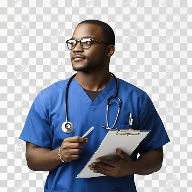 A young, authoritative doctor of African descent with a good build, shaved face, tall, wearing royal blue emergency room clothes and a stethoscope around his neck, looking optimistically at the horizon with glasses, a pen, and a folder in his hand. Hyper realistic. White background