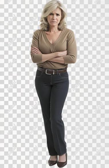 full body image of a woman age 50 with a stomach ache, white background,