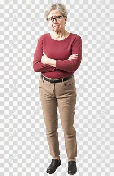 full body image of a woman age 50 with a stomach ache, white background,