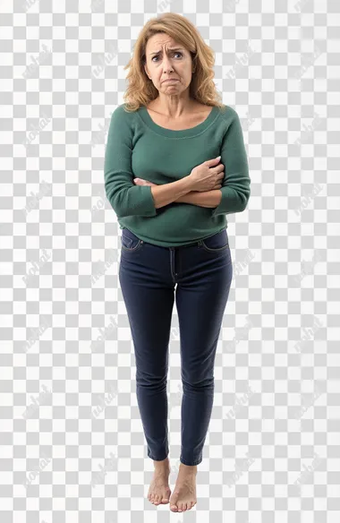 full body image of a woman age 50 with a stomach ache, white background,