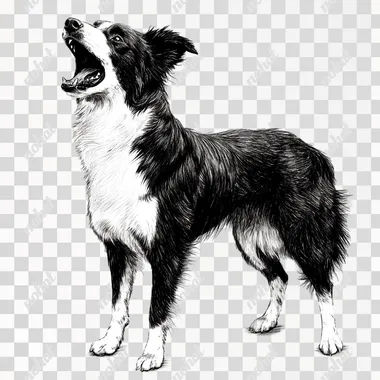 On a white background, there is the entire body of a standing Border Collie. It looks the same size as an adult dog, with short fur, a left face, and an open mouth. The dog's posture is like barking angrily, with the feeling of barking with its mouth open.